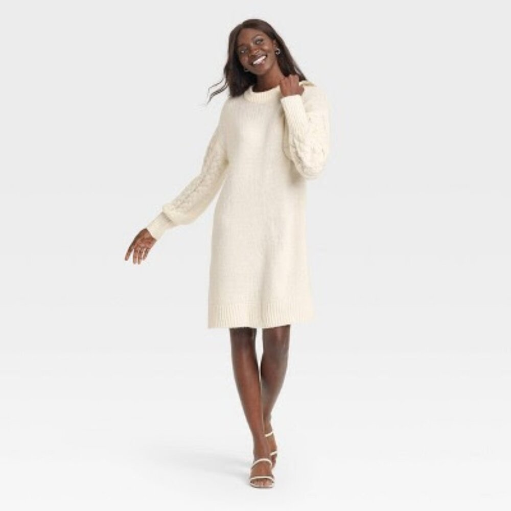 Women's Long Sleeve Cable Knit Sweater Dress - A New Day in Cream